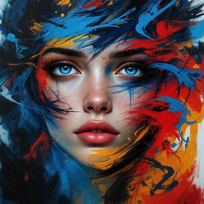 The primary subject of the image is a woman with blue eyes and red lips. She is the main focus of the image. The setting is a painting, which is a digital art piece. The visual style is a combination of colors and patterns, creating a vibrant and lively atmosphere. The dominant colors are blue, red, and orange, which contribute to the overall mood of the painting.